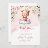 我々は雲9テディベア女の子の赤ちゃんシャワー上にある 招待状 (正面/裏面)