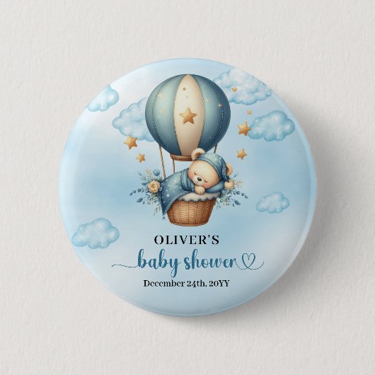 我々は青いアイボリー熱気球の男の子を待つことができる 缶バッジ (正面)