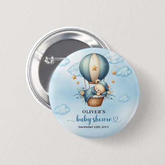 我々は青いアイボリー熱気球の男の子を待つことができる 缶バッジ (正面&裏面)