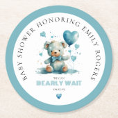 我々は青いテディベアを待つことができる ラウンドペーパーコースター (正面)