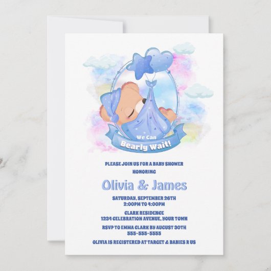 我々は青いテディベア風船を待つことができる 招待状 (正面)