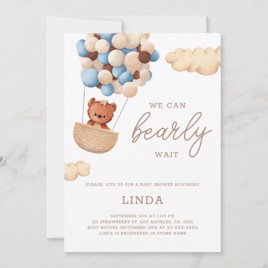 我々は青いバルーン赤ちゃんシャワーを待つことができる 招待状 (正面)