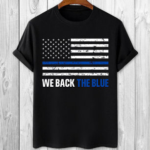 我々は青い薄いブルーラインのプロ警察をバックアップ Tシャツ