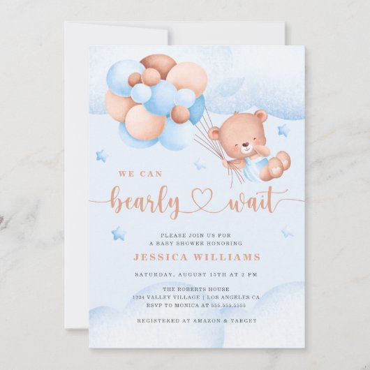 我々は青い赤ちゃんシャワー招待状を待つ 招待状 (正面)