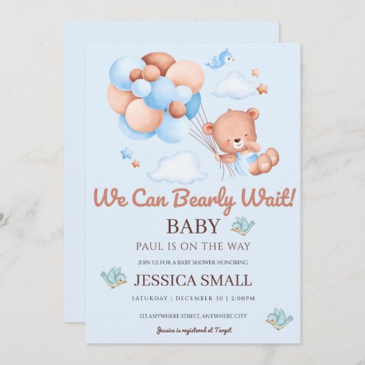 我々は青い赤ちゃんシャワー招待状を待つ 招待状 (正面/裏面)