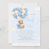 我々は青テディベア男の子の赤ちゃんシャワーを心待ちできる 招待状 (正面)