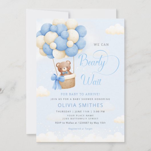 我々は青テディベア男の子の赤ちゃんシャワーを心待ちできる 招待状 (正面)