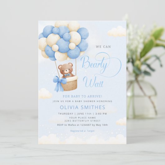 我々は青テディベア男の子の赤ちゃんシャワーを心待ちできる 招待状 (スタンド正面)
