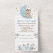 我々は青テディベア赤ちゃんシャワーを待つことができる オールインワン招待状 (内側)