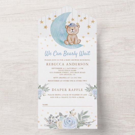 我々は青テディベア赤ちゃんシャワーを待つことができる オールインワン招待状 (内側)