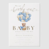我々は青テディベア赤ちゃんシャワーを待つことができる ベラム紙招待状 (正面)