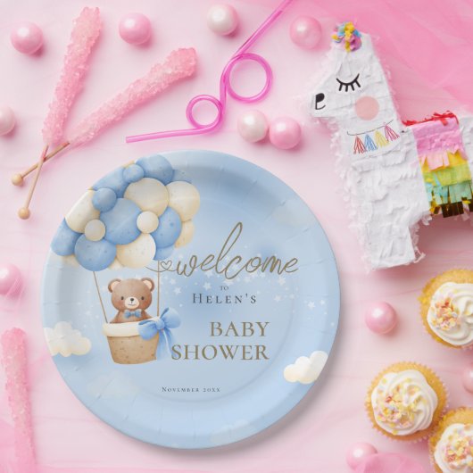 我々は青テディベア赤ちゃんシャワーを待つことができる ペーパープレート (パーティー)