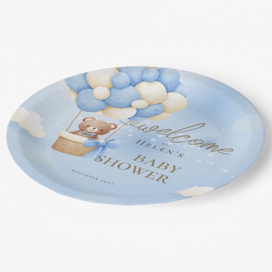 我々は青テディベア赤ちゃんシャワーを待つことができる ペーパープレート (アングル)