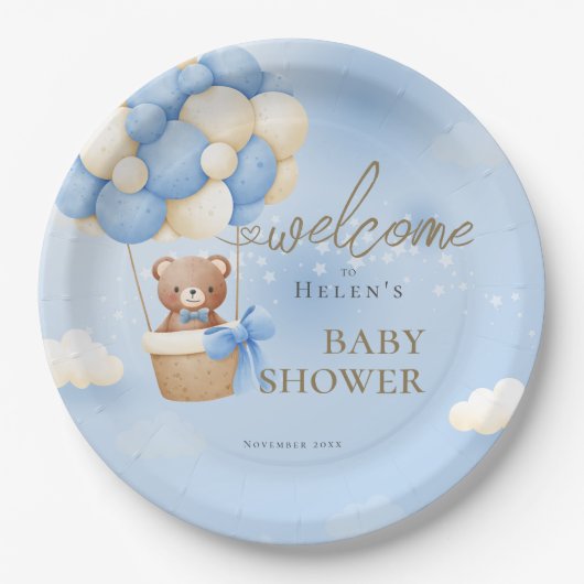 我々は青テディベア赤ちゃんシャワーを待つことができる ペーパープレート (正面)