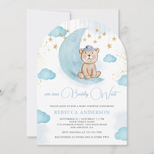 我々は青テディベア赤ちゃんシャワーを待つことができる 招待状 (正面)