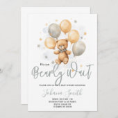 我々は青ベージュベアーベビーシャワーを心待ちできる 招待状 (正面/裏面)