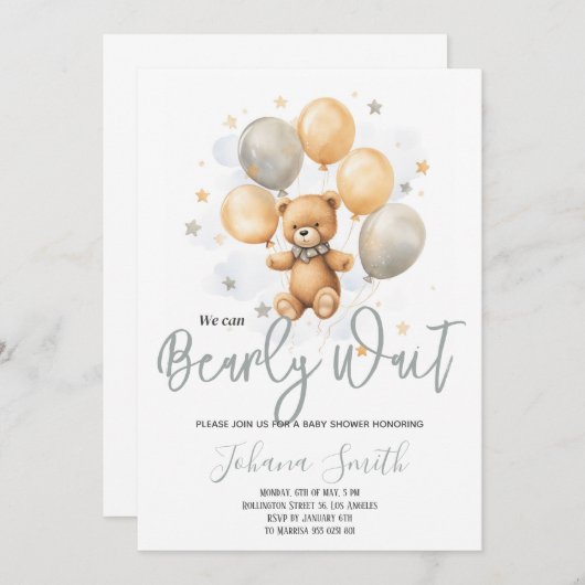 我々は青ベージュベアーベビーシャワーを心待ちできる 招待状 (正面/裏面)