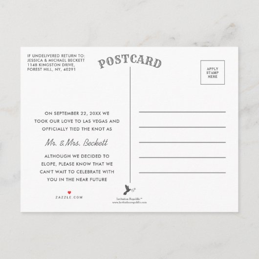 我々は駆け落ちした |駆け落ち結婚発表 案内ポストカード (裏面)