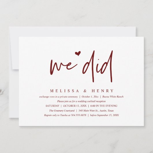 我々は駆け落ちモダンの披露宴ディナーを行った 招待状 (正面)