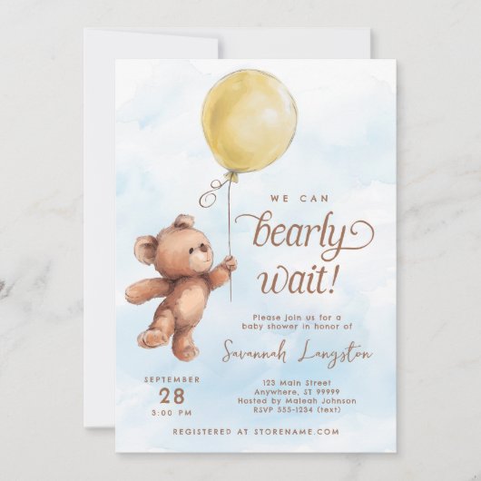 我々は黄色のテディベア赤ちゃんシャワーを待つことができる 招待状 (正面)