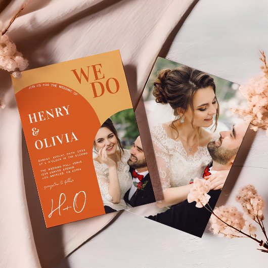 我々は |オレンはっきりしたジレトロアーチ結婚写真 招待状
