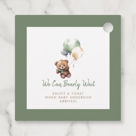 我々は、テディベアバルーンベビーシャワーを待つことができる フェイバータグ (裏面)
