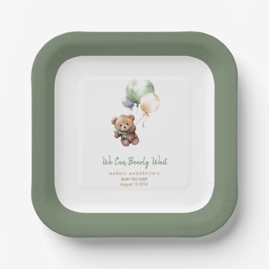 我々は、テディベアバルーンベビーシャワーを待つことができる ペーパープレート (正面)