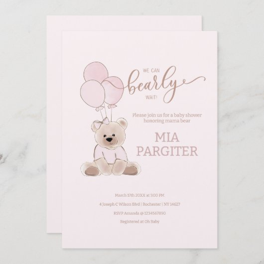 我々は、テディベアーピンクの赤ちゃんシャワーを待つことができる 招待状 (正面/裏面)