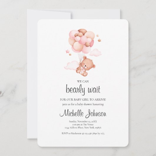 我々は、テディベアーピンクの赤ちゃんシャワーを待つことができる 招待状 (正面)