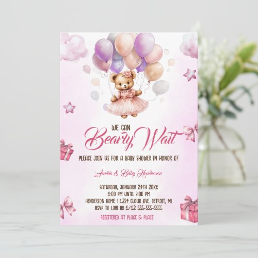 我々は、テディベアーピンクの赤ちゃんシャワーを待つことができる 招待状 (スタンド正面)