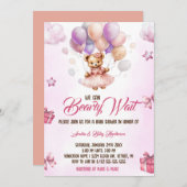 我々は、テディベアーピンクの赤ちゃんシャワーを待つことができる 招待状 (正面/裏面)