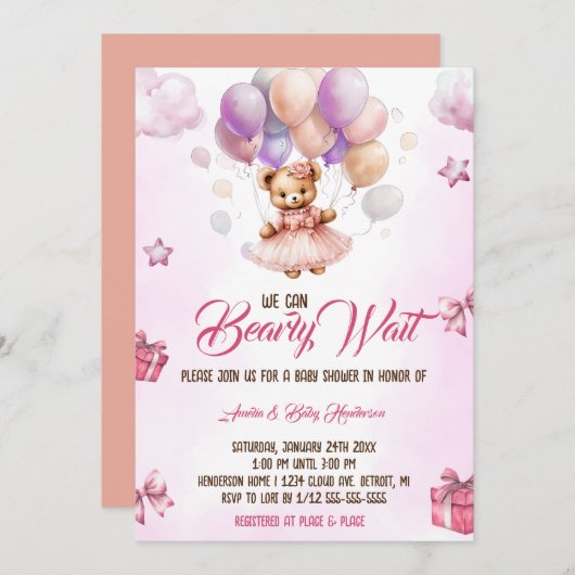 我々は、テディベアーピンクの赤ちゃんシャワーを待つことができる 招待状 (正面/裏面)
