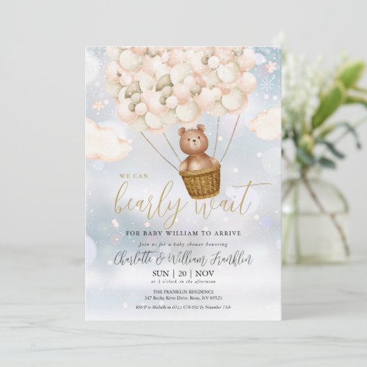 我々は、テディベア冬の赤ちゃんシャワーを待つことができる 招待状 (スタンド正面)