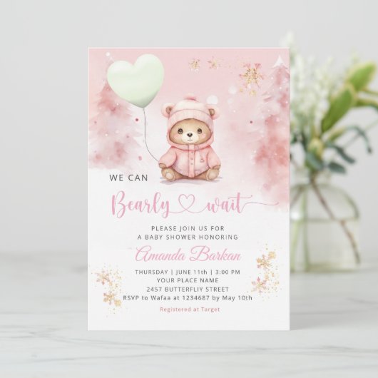 我々は、テディベア女の子の赤ちゃんシャワーを心待ちできる 招待状 (スタンド正面)