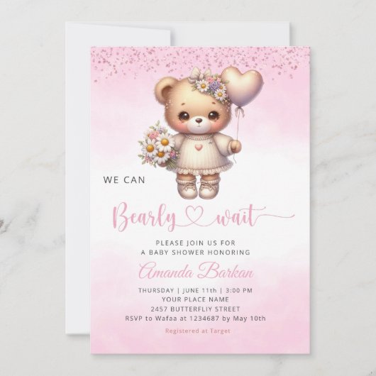 我々は、テディベア女の子の赤ちゃんシャワーを心待ちできる 招待状 (正面)