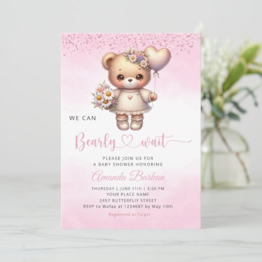 我々は、テディベア女の子の赤ちゃんシャワーを心待ちできる 招待状 (スタンド正面)