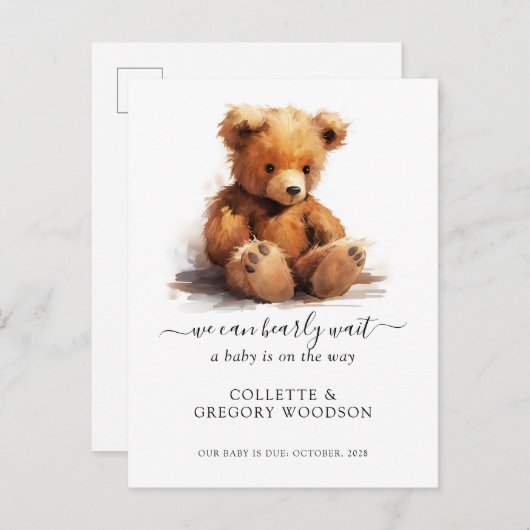 我々は、テディベア妊娠を待つことができる 案内ポストカード (正面/裏面)