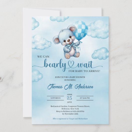 我々は、テディベア赤ちゃんシャワーを待つことができる 招待状 (正面)