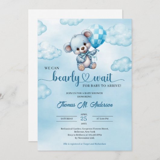 我々は、テディベア赤ちゃんシャワーを待つことができる 招待状 (正面/裏面)