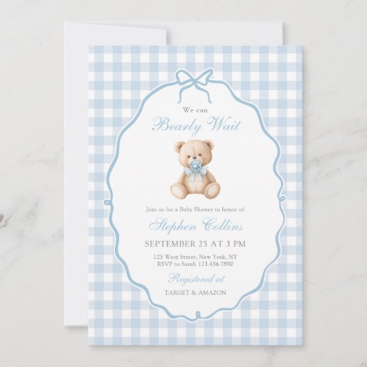 我々は、テディベア赤エレガントちゃんシャワーを待つことができる 招待状 (正面)