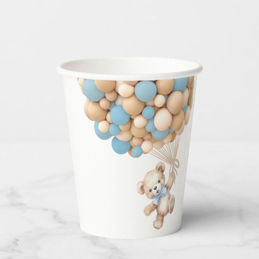 我々は、テディベア青い気球を待つことができる 紙コップ (裏面)
