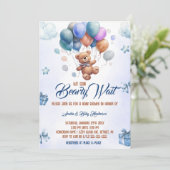 我々は、テディベア青い赤ちゃんシャワーを待つことができる 招待状 (スタンド正面)