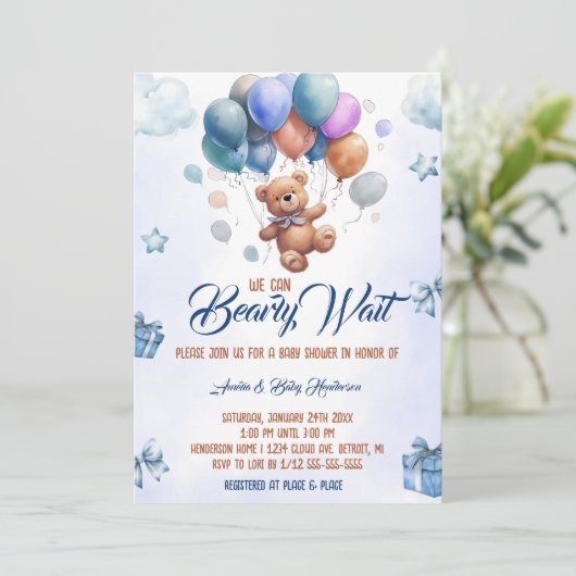 我々は、テディベア青い赤ちゃんシャワーを待つことができる 招待状 (スタンド正面)