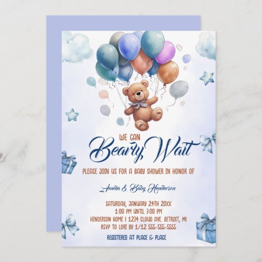 我々は、テディベア青い赤ちゃんシャワーを待つことができる 招待状 (正面/裏面)