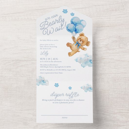 我々は、テディベア青い赤ちゃんシャワーを心待ちできる オールインワン招待状 (内側)