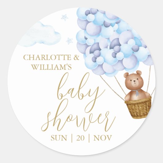 我々は、テディベア青い赤ちゃんシャワーを心待ちできる ラウンドシール (正面)