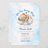 我々は、ブルーボウベアーボーイボーイベビーシャワーを待つことができる 招待状 (正面/裏面)