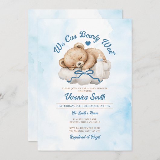 我々は、ブルーボウベアーボーイボーイベビーシャワーを待つことができる 招待状 (正面/裏面)