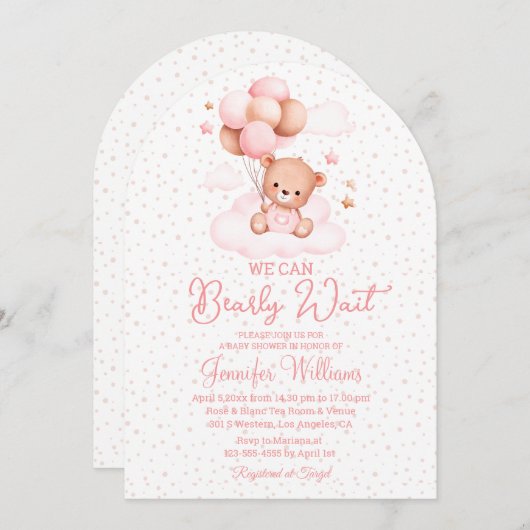 我々は、女の子の赤ちゃんシャワーピンクのアーチを待つことができる 招待状 (正面/裏面)