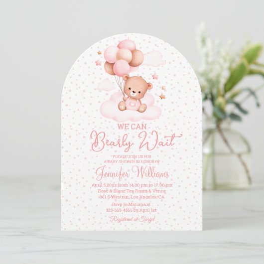 我々は、女の子の赤ちゃんシャワーピンクのアーチを待つことができる 招待状 (スタンド正面)